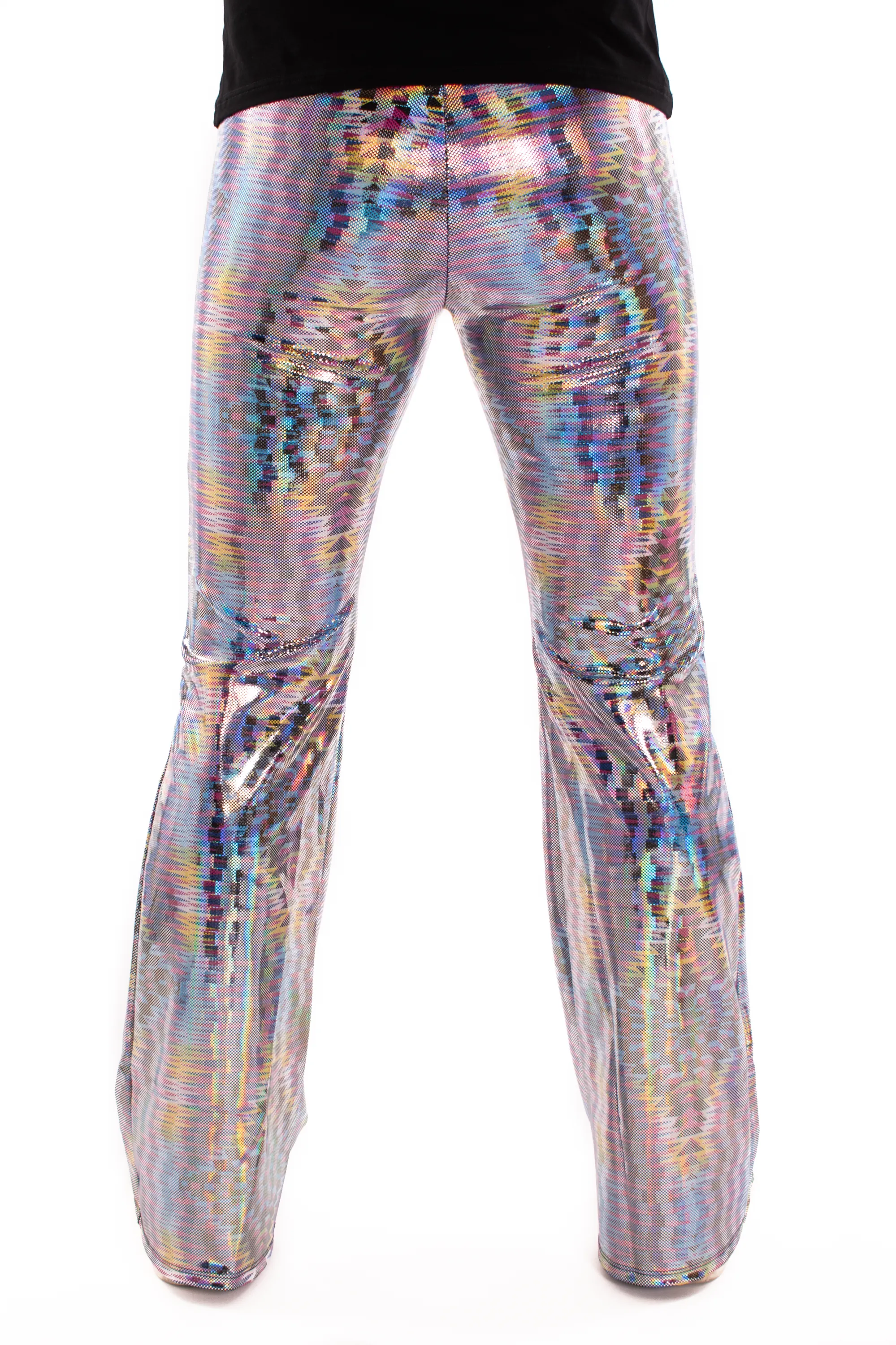 Dazzle Blue: UV Blacklight Reactive Men's Holographic Flared Pants - Trippy Bell Bottoms