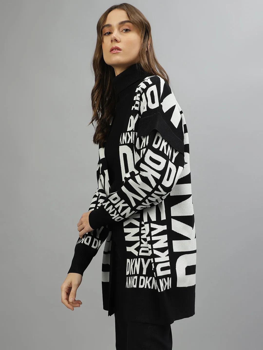 Dkny Women Printed Front Open Full Sleeves Sweater