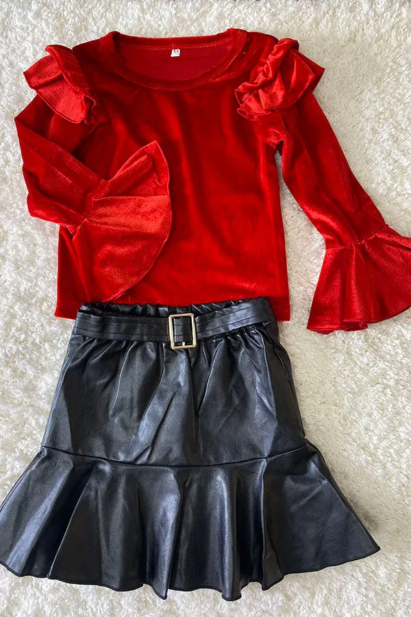 DLH2635 Red velvet ruffle sleeve top & leather skirt 2pcs sets