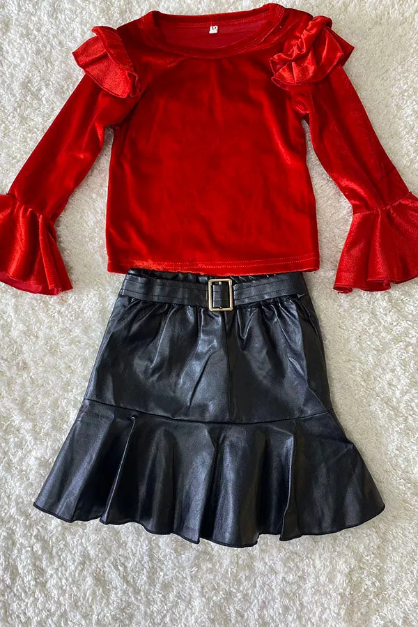 DLH2635 Red velvet ruffle sleeve top & leather skirt 2pcs sets