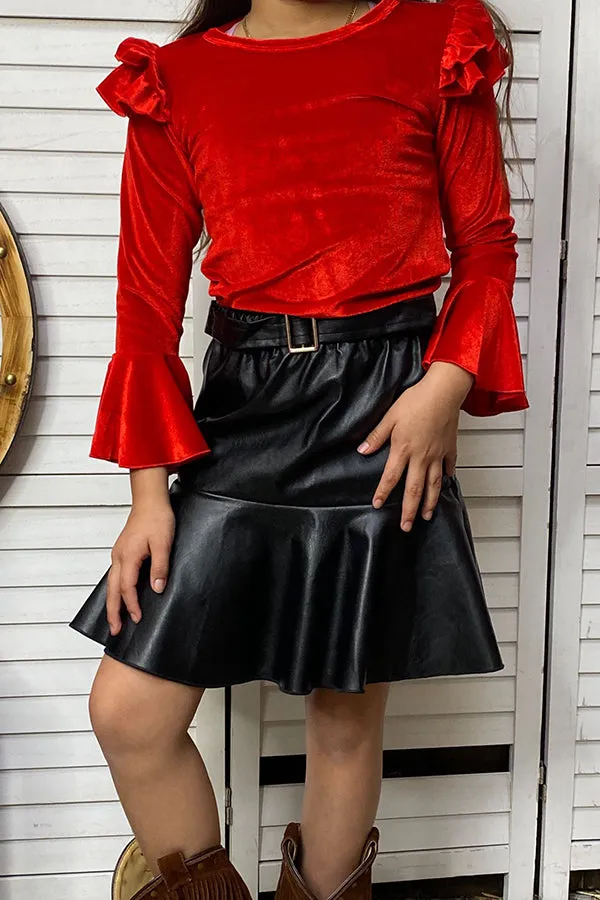 DLH2635 Red velvet ruffle sleeve top & leather skirt 2pcs sets