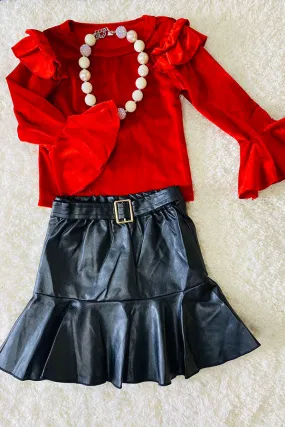 DLH2635 Red velvet ruffle sleeve top & leather skirt 2pcs sets