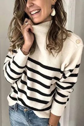 Dunnmall Fashion Button Design Striped Sweater