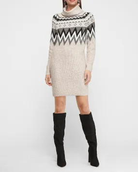 Fair Isle Turtleneck Shift Sweater Dress in White Print