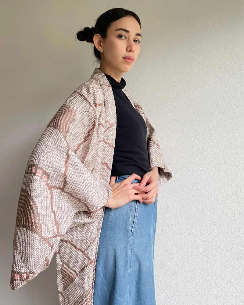 Fan Hankle Pink Beige Shibori Haori Kimono Jacket