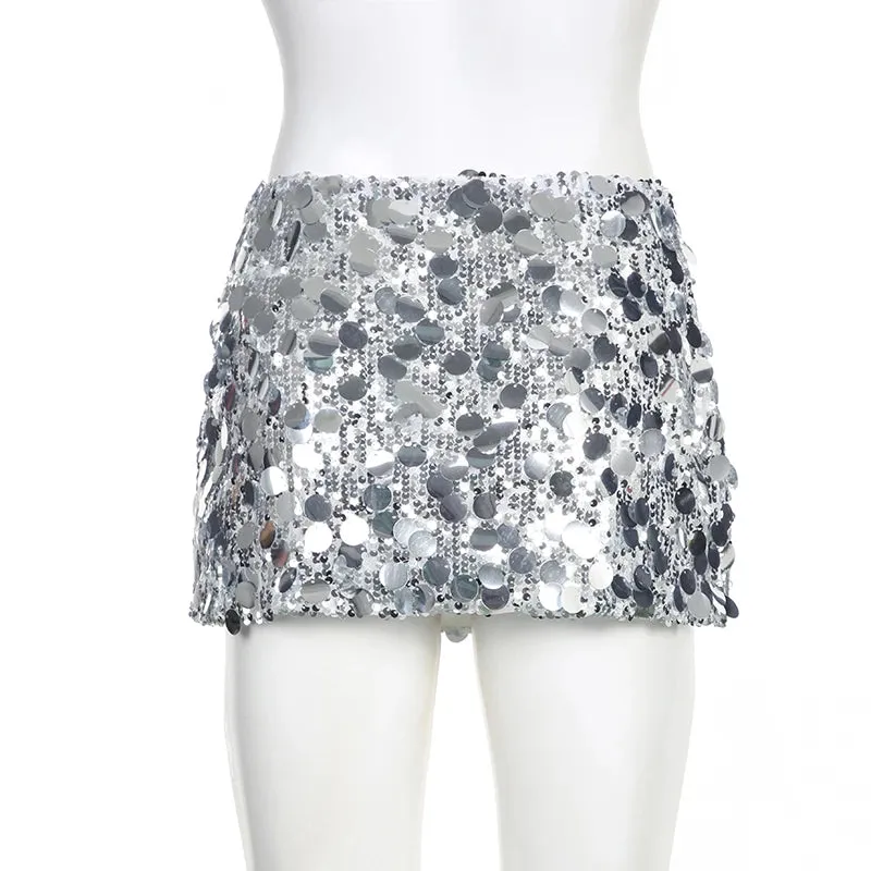 Fashion Silver Bling Sequined Mini Skirt Clubwear Party Streetwear Hottie Women Skirts Low Rise Christmas Sexy Bottom