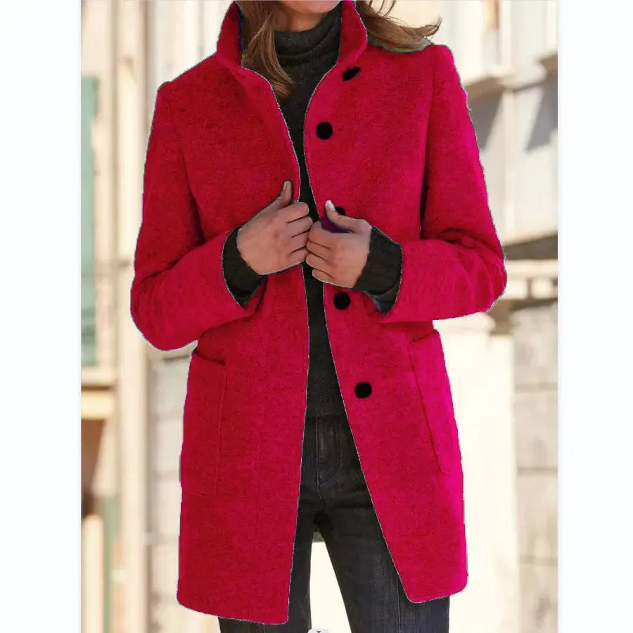 Fashion Stand Collar Woolen Coat With Pockets Fall Winter Casual Button Outwear For Women Clothing