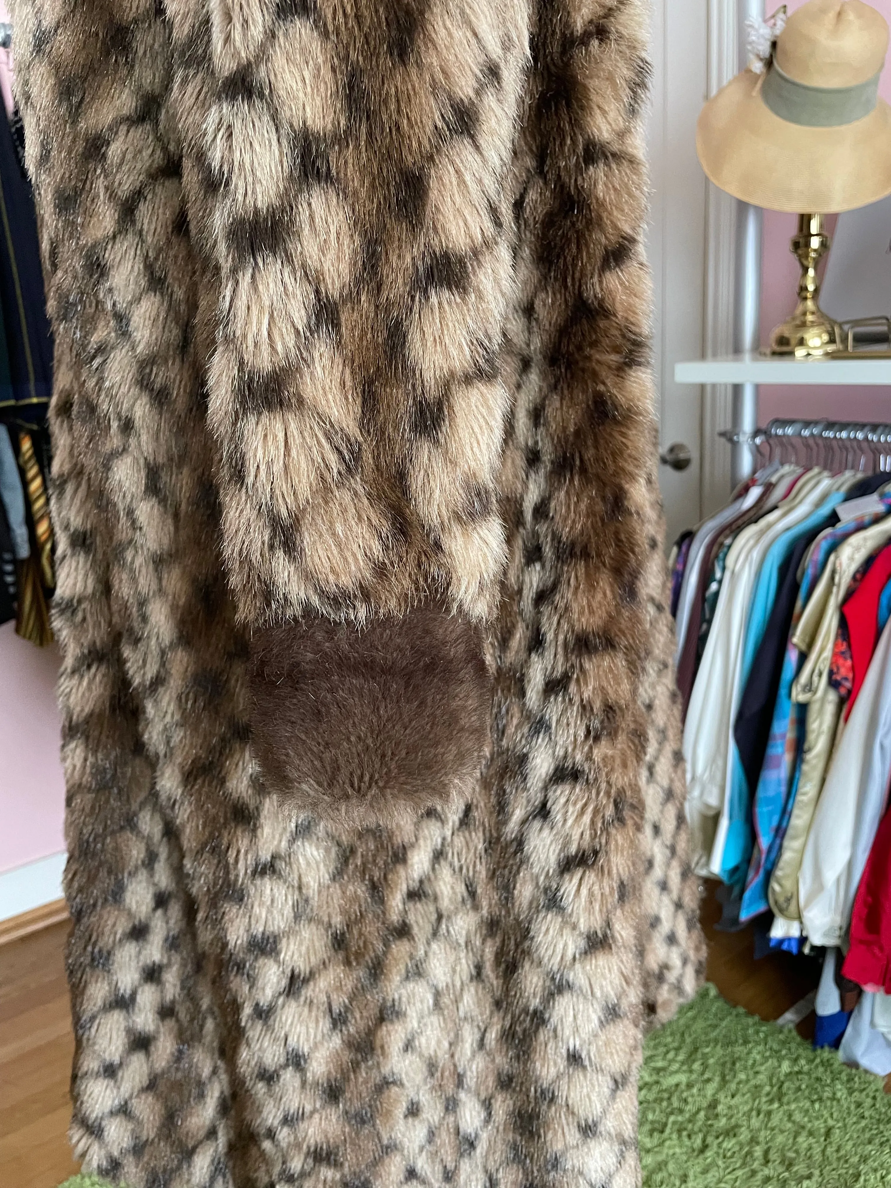 Faux Geometric Pattern Fur Coat