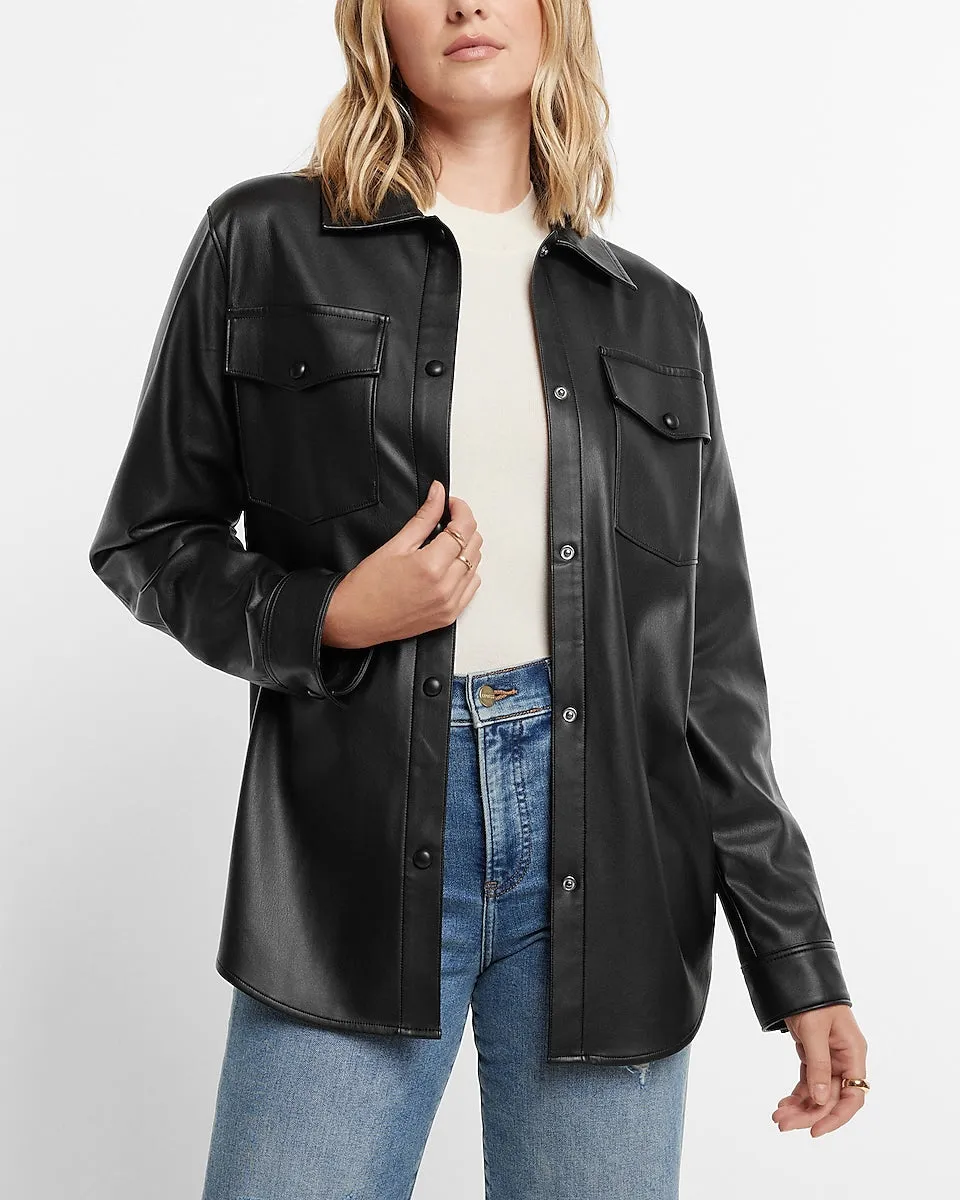 Faux Leather Drop Shoulder Oversized Shacket in Pitch Black