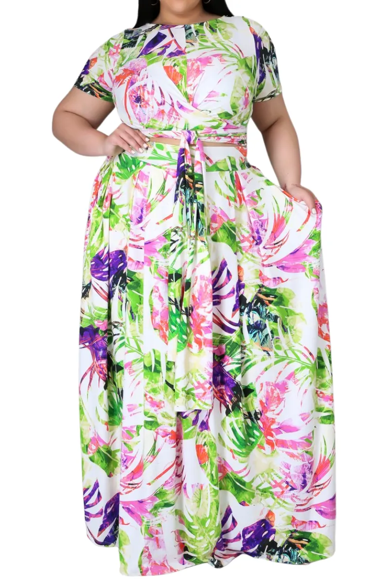 Final Sale Size 2pc Tie Top Maxi Skirt Set in Lime Palm Print