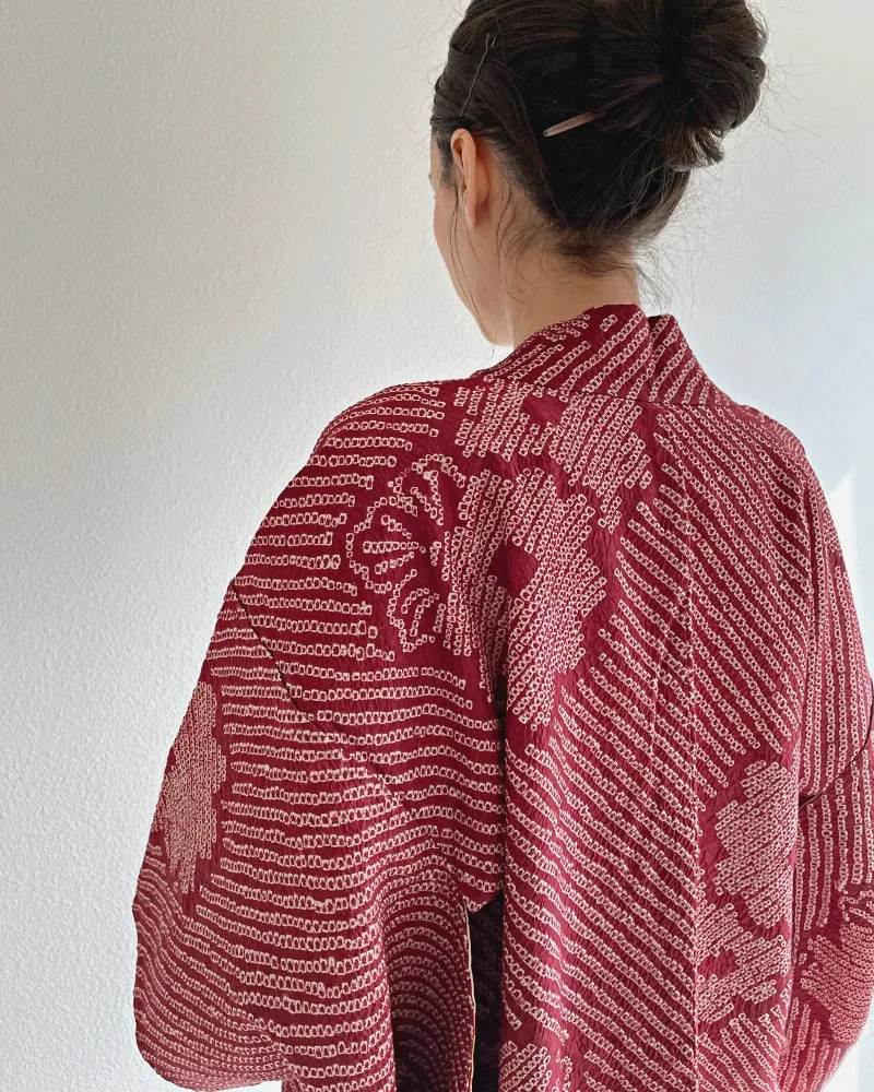 Flower Maroon Red  Shibori Haori Kimono Jacket