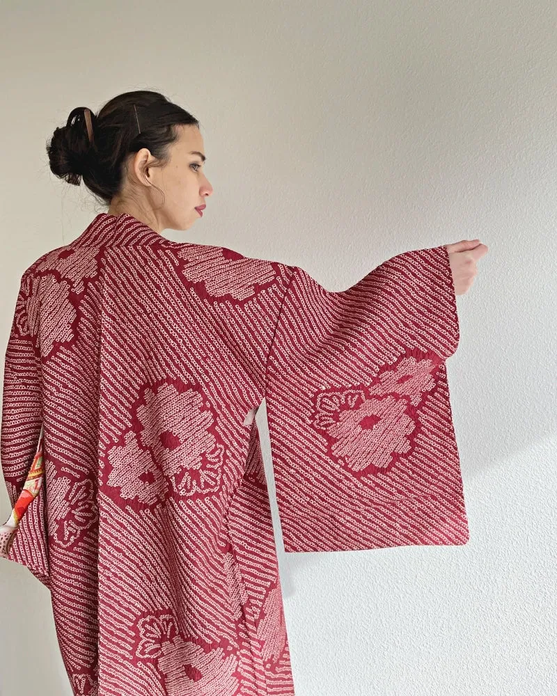 Flower Maroon Red  Shibori Haori Kimono Jacket