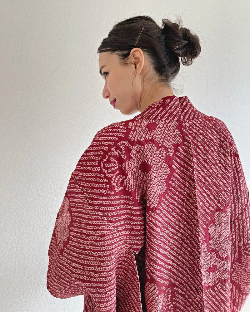 Flower Maroon Red  Shibori Haori Kimono Jacket