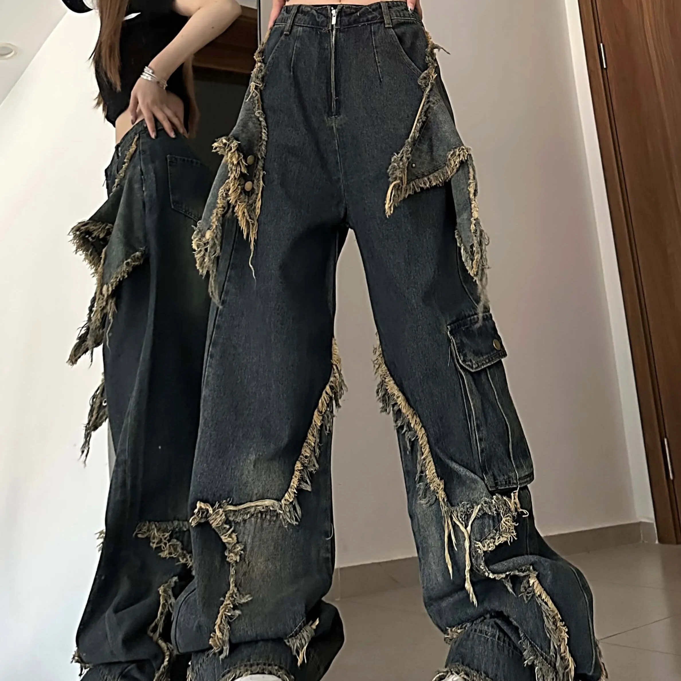 Fringe Stars Rust Flared Side Pocket Grunge Jeans