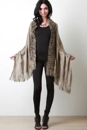 Fuzzy Knit Leopard Trim Shawl