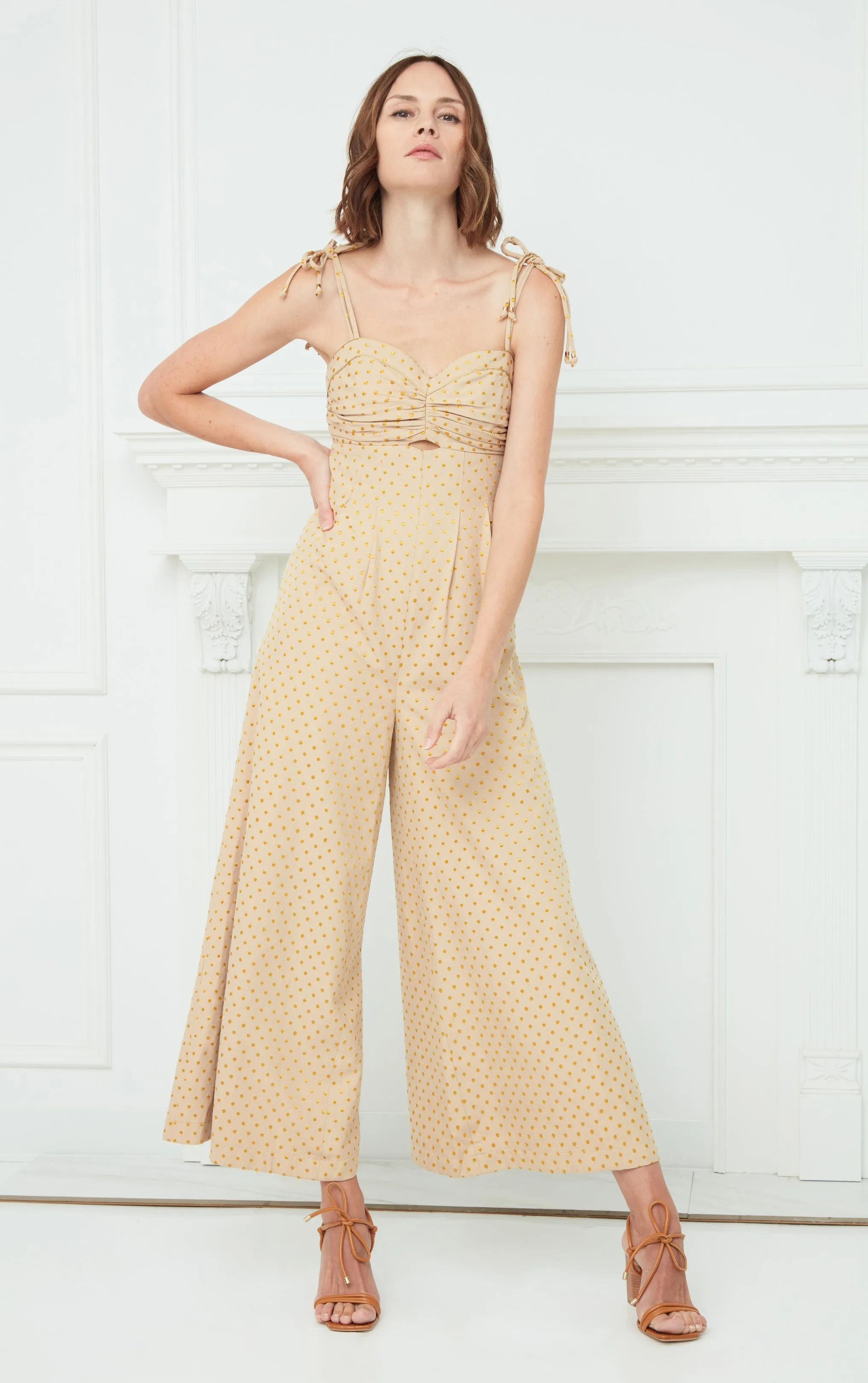 Genevieve Jumpsuit - Khaki Gold Polka Dot