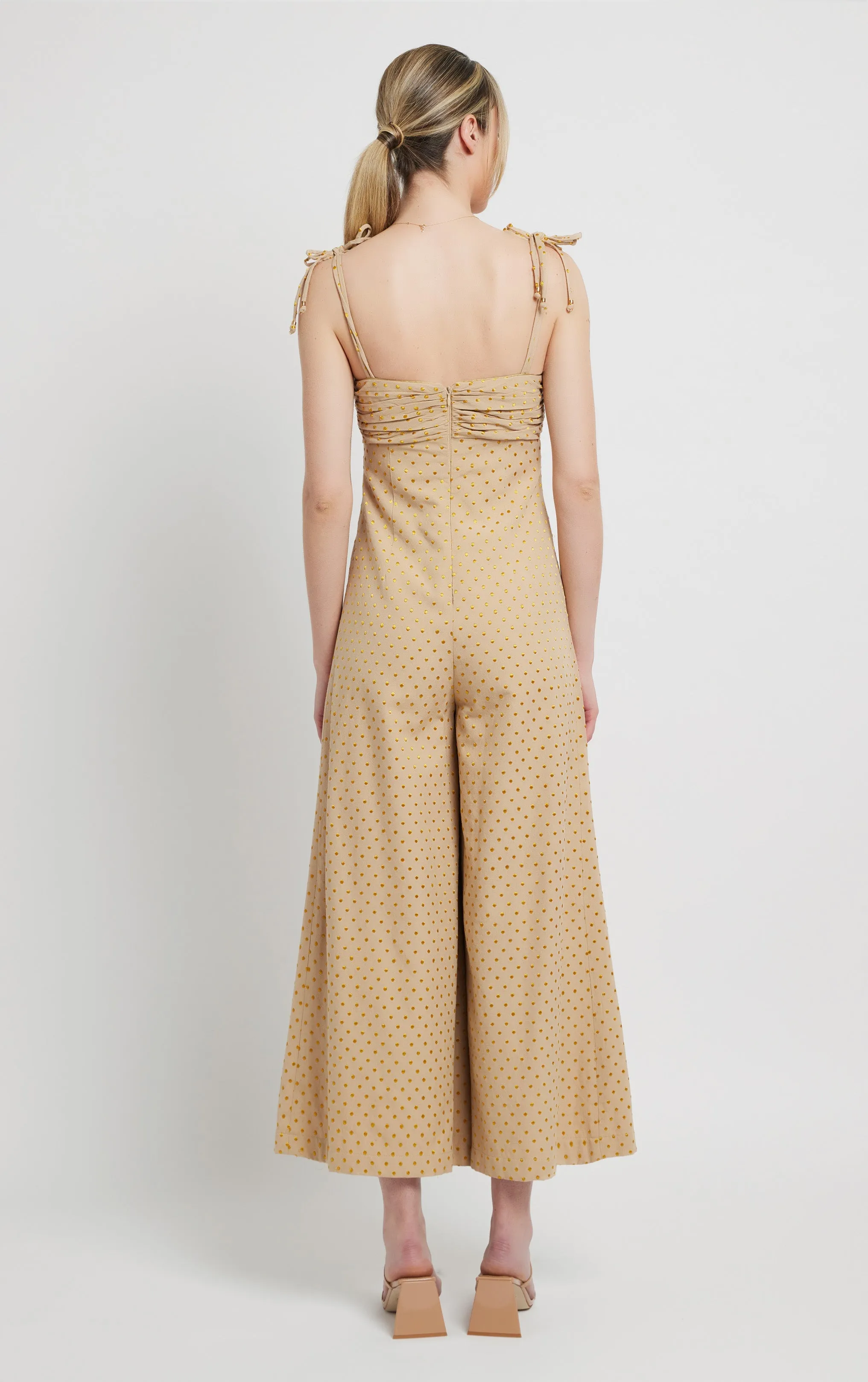 Genevieve Jumpsuit - Khaki Gold Polka Dot