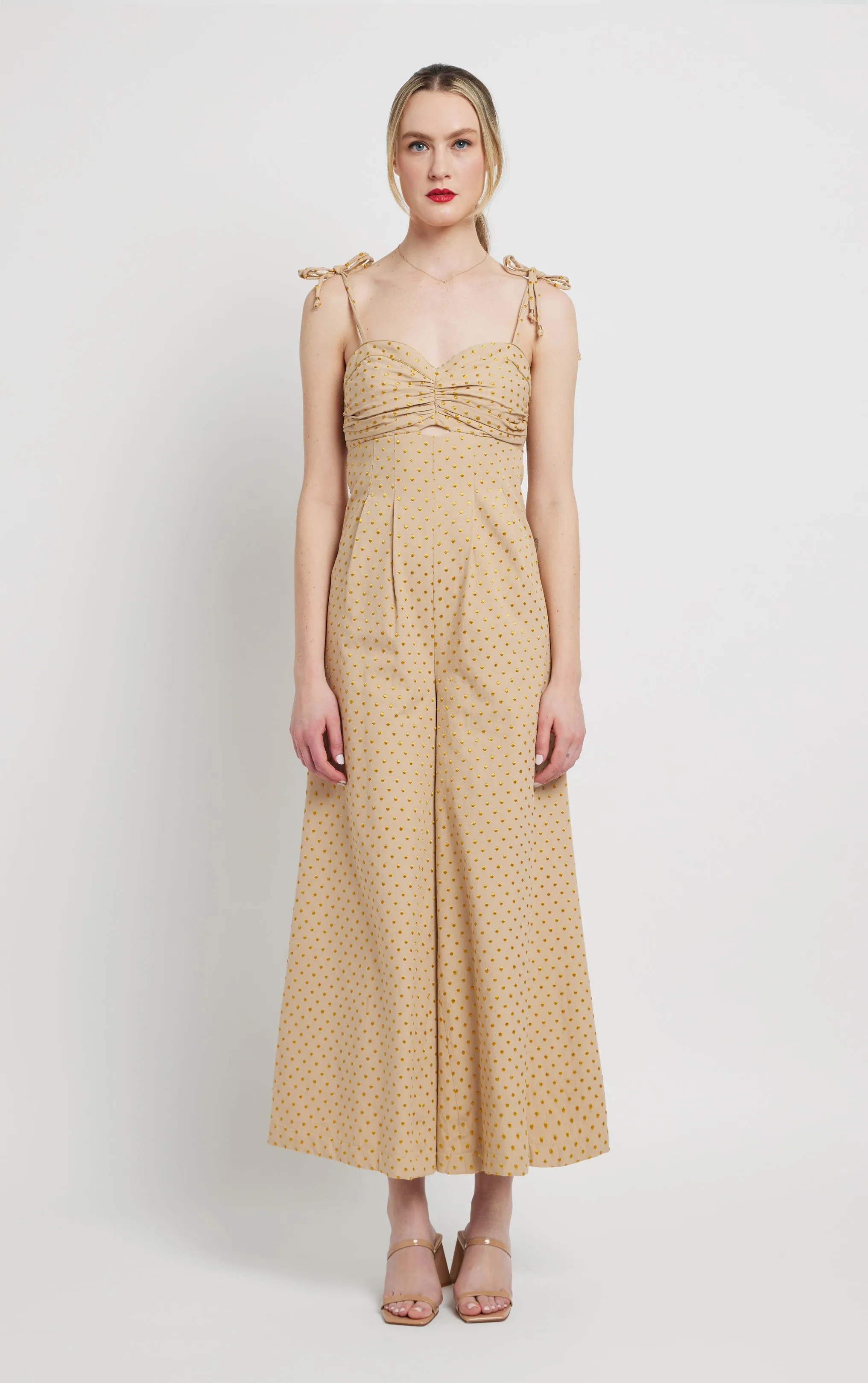 Genevieve Jumpsuit - Khaki Gold Polka Dot