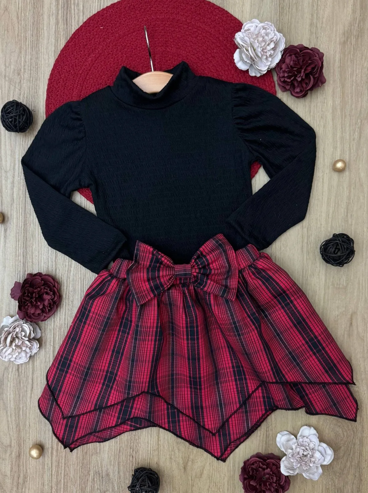 Girls Black Turtleneck Top and Red Plaid Handkerchief Skirt Set