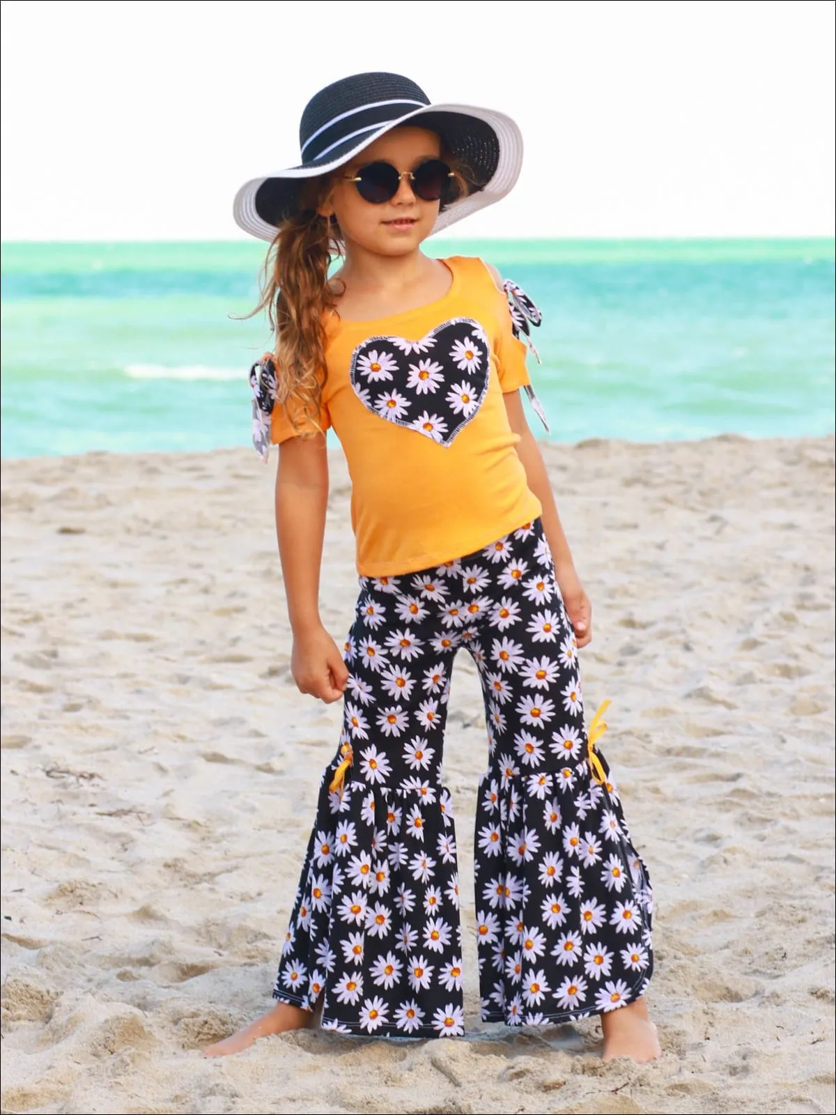 Girls Cold Shoulder Bow Applique Top And Side Slit Flared Palazzo Pants Set