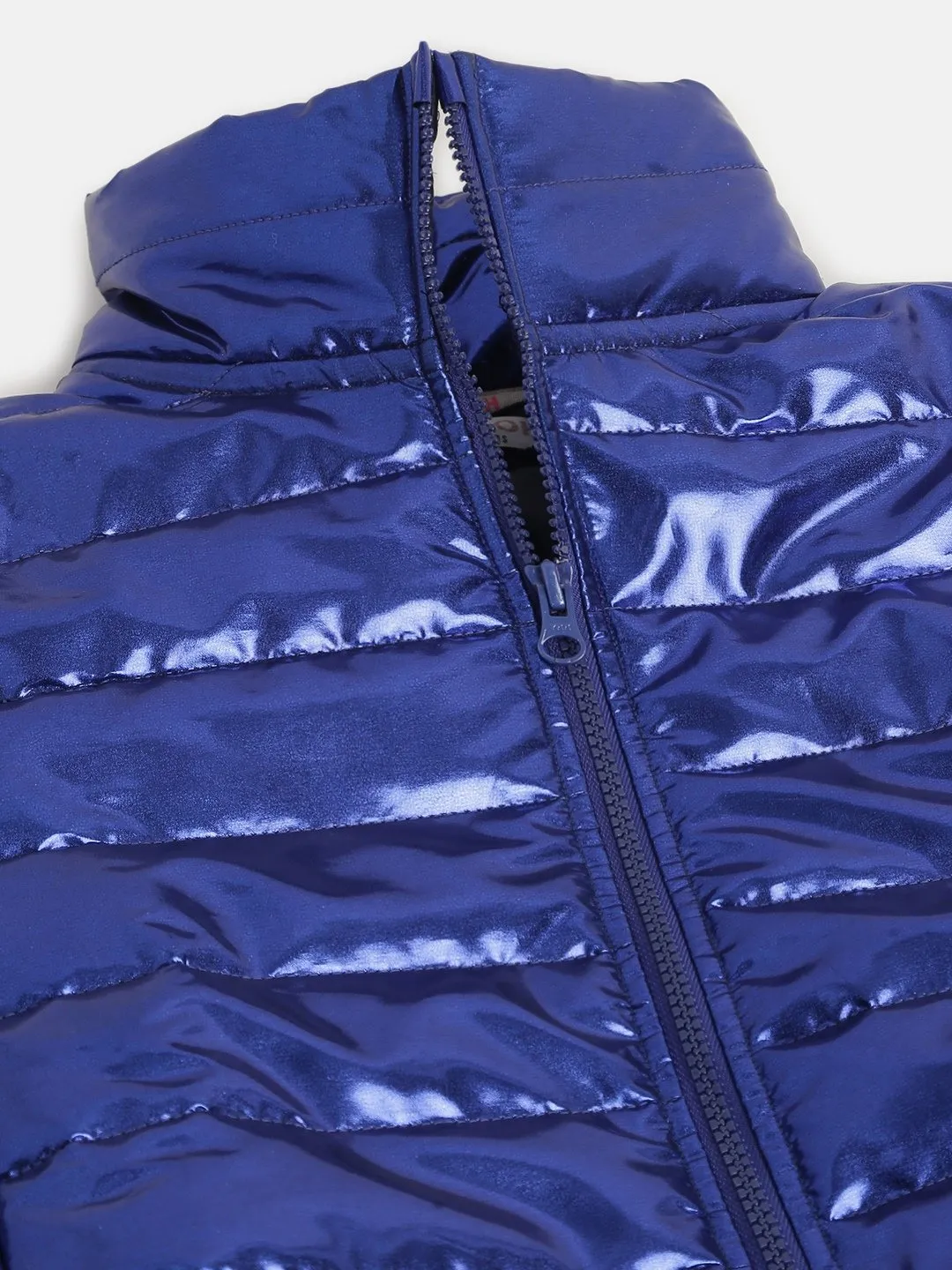 Girls Royal Blue Metallic Full Sleeve Puffer Jacket