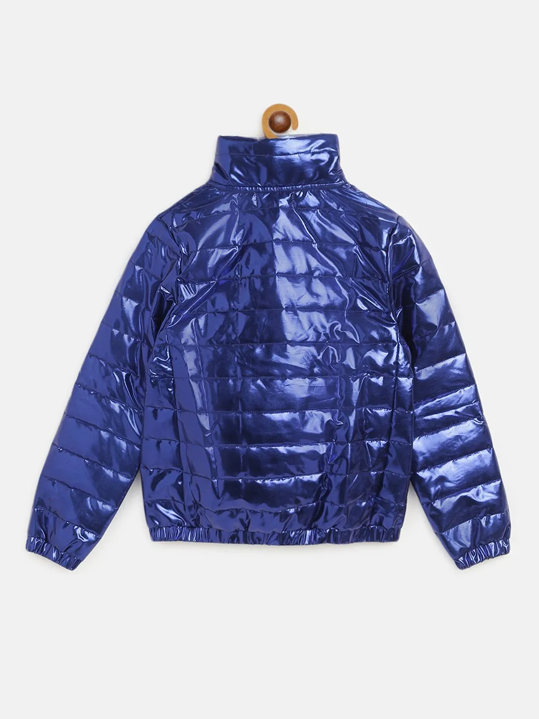 Girls Royal Blue Metallic Full Sleeve Puffer Jacket