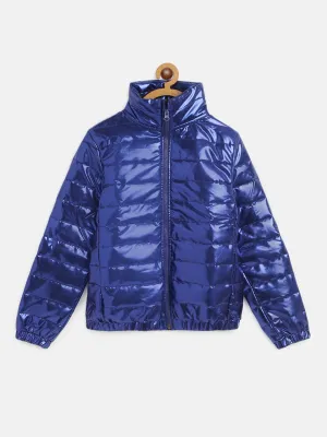 Girls Royal Blue Metallic Full Sleeve Puffer Jacket