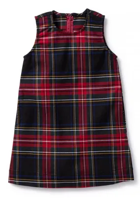 Girls Shift Dress Stretch Twill Black Stewart Plaid