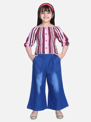 Girl's  Striped Smocked Top With Denim Culottes - StyleStone Kid