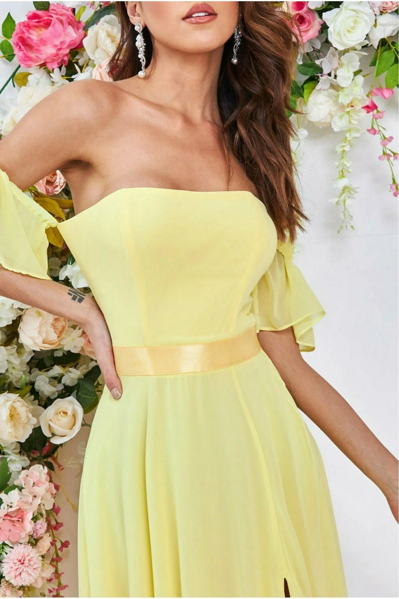 Goddiva Draped Off The Shoulder Maxi With Split - Yellow