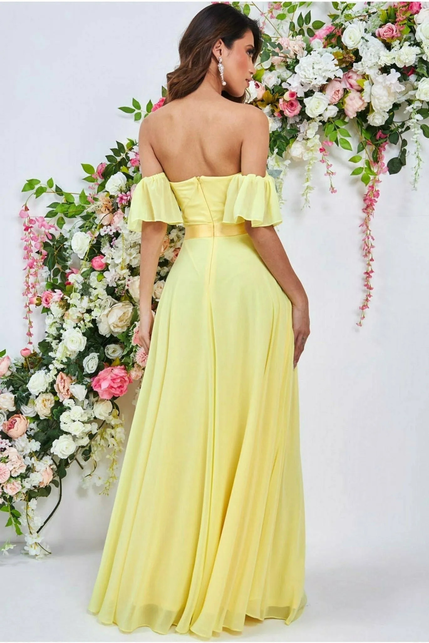 Goddiva Draped Off The Shoulder Maxi With Split - Yellow