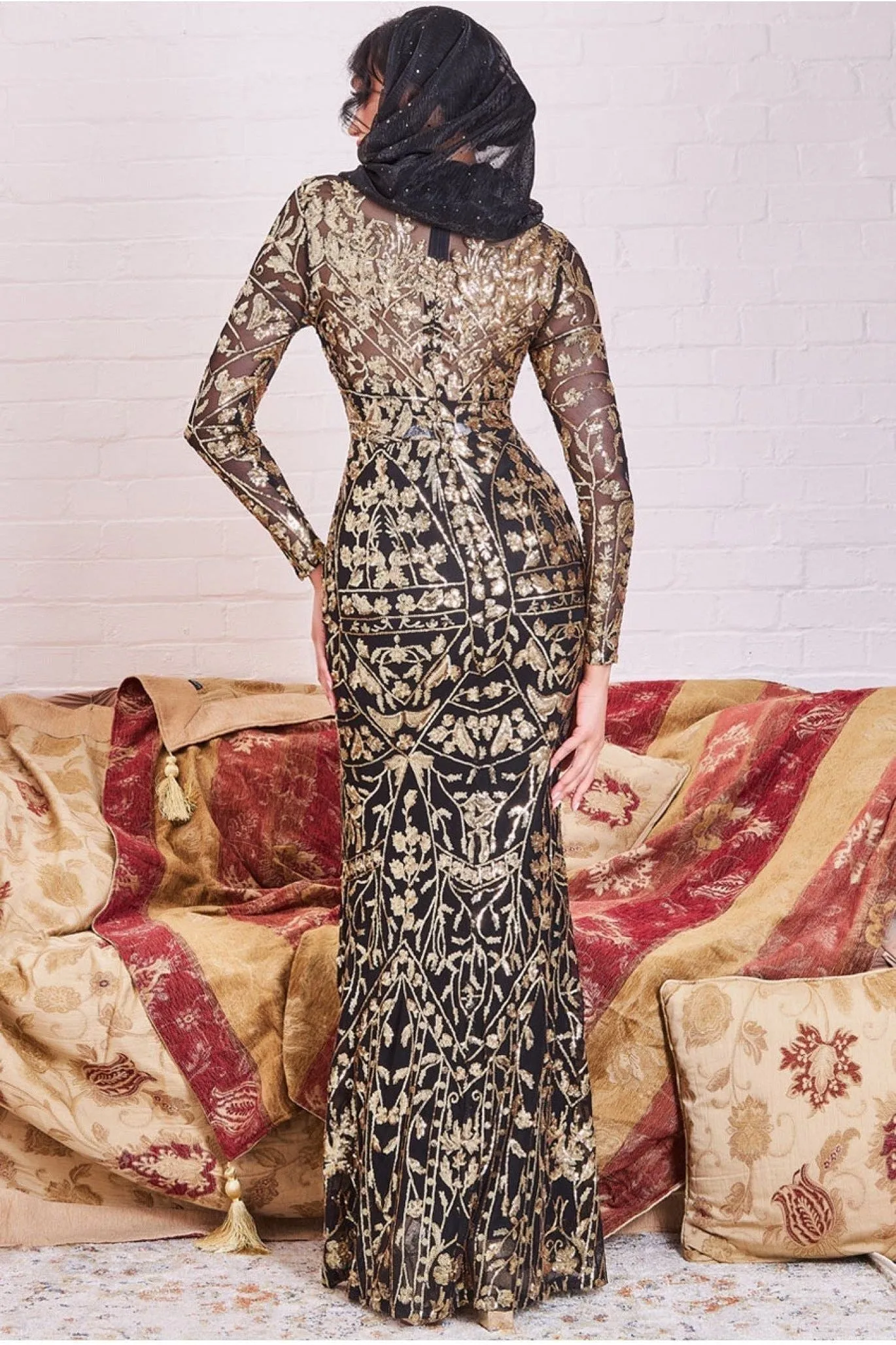 Goddiva Modesty Sequin Embroidered Maxi Dress - Gold