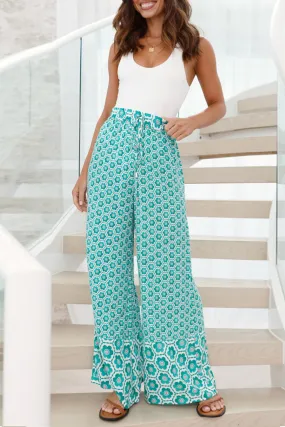 Green Boho Geometric Print Drawstring High Waist Flared Pants