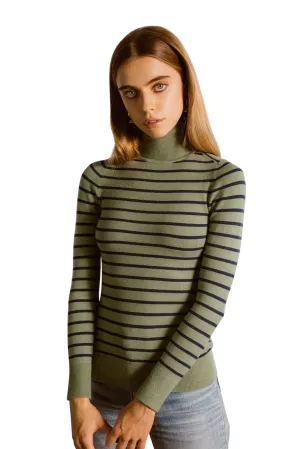 Green / Navy Stripe Peachskin Turtleneck