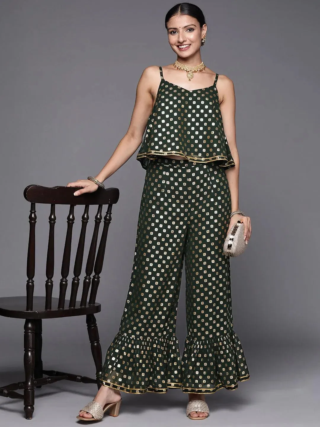 Green Printed Georgette Top With Palazzos