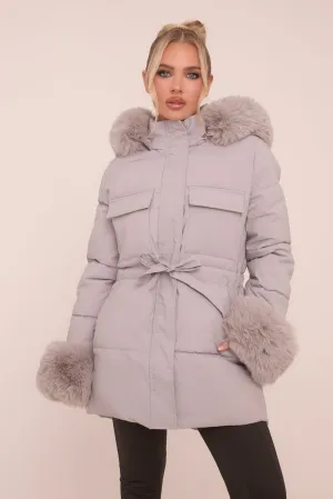 Grey Faux Fur Trim Longline Puffer Jacket -  Candy