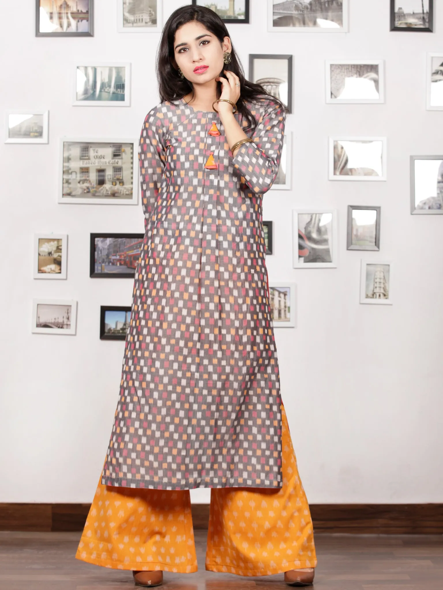 Grey Pink Peach White Handloom Mercerised Ikat Long Kurta With Golden Yellow Culottes (Set of 2)   - D283F1406