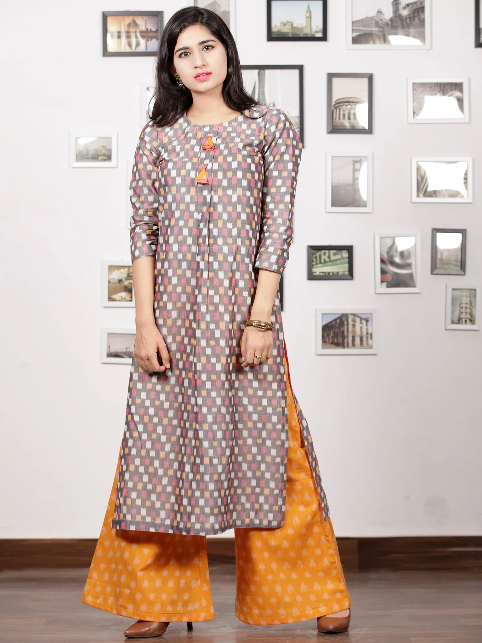 Grey Pink Peach White Handloom Mercerised Ikat Long Kurta With Golden Yellow Culottes (Set of 2)   - D283F1406