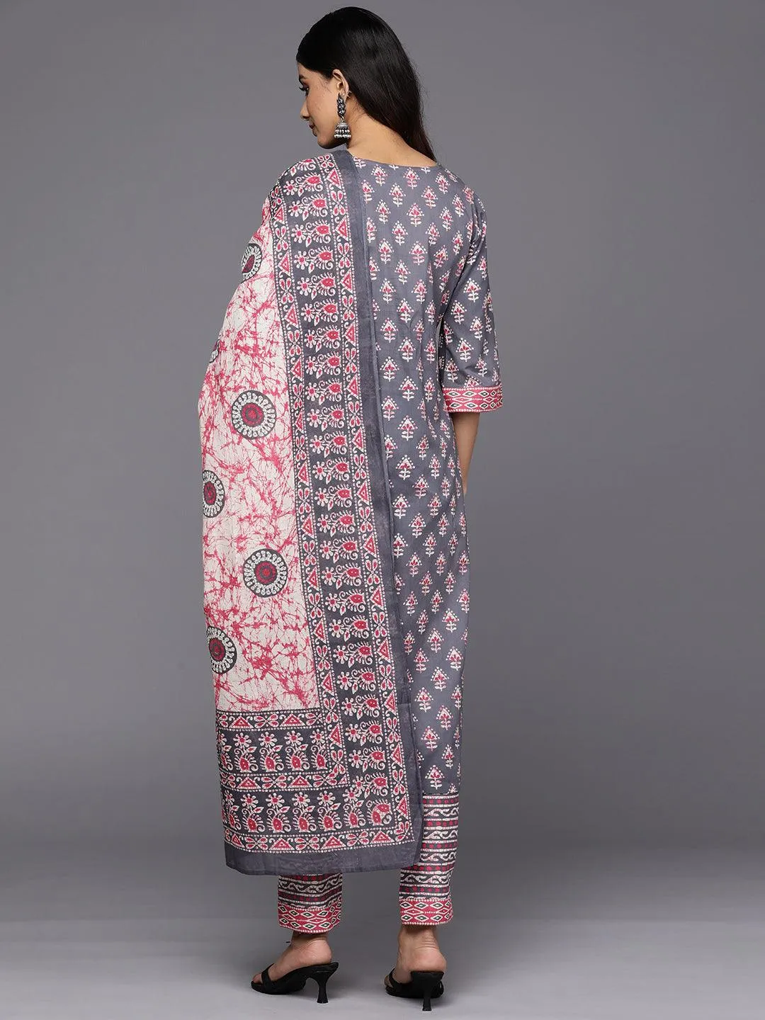 Grey Printed Cotton Straight Kurta With Trousers & Dupatta