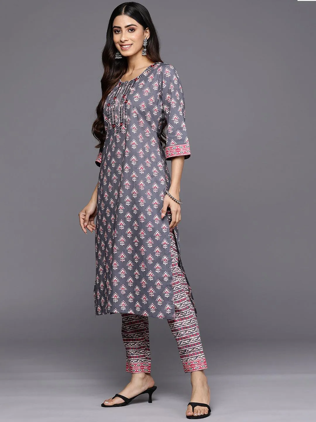 Grey Printed Cotton Straight Kurta With Trousers & Dupatta