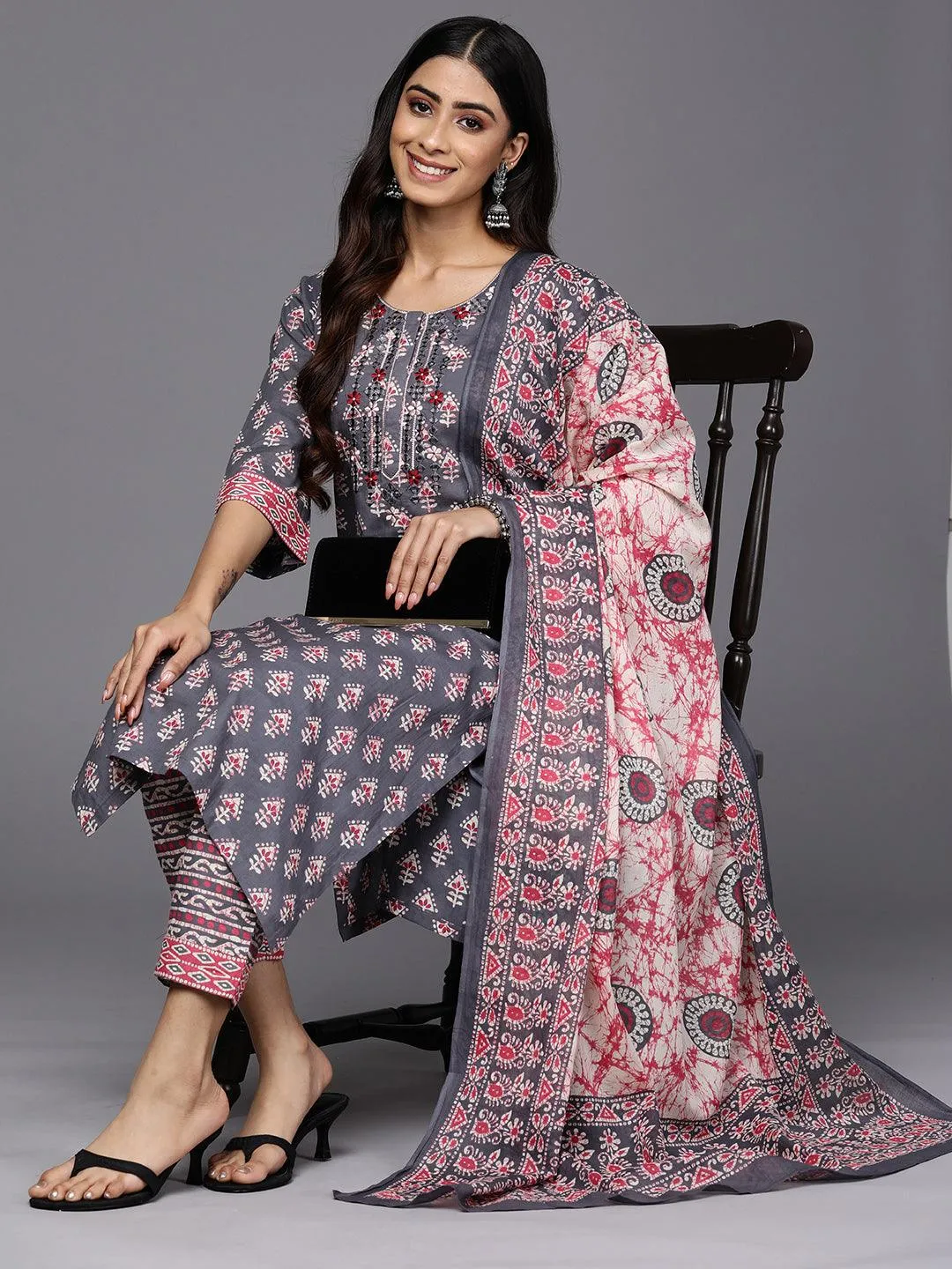 Grey Printed Cotton Straight Kurta With Trousers & Dupatta