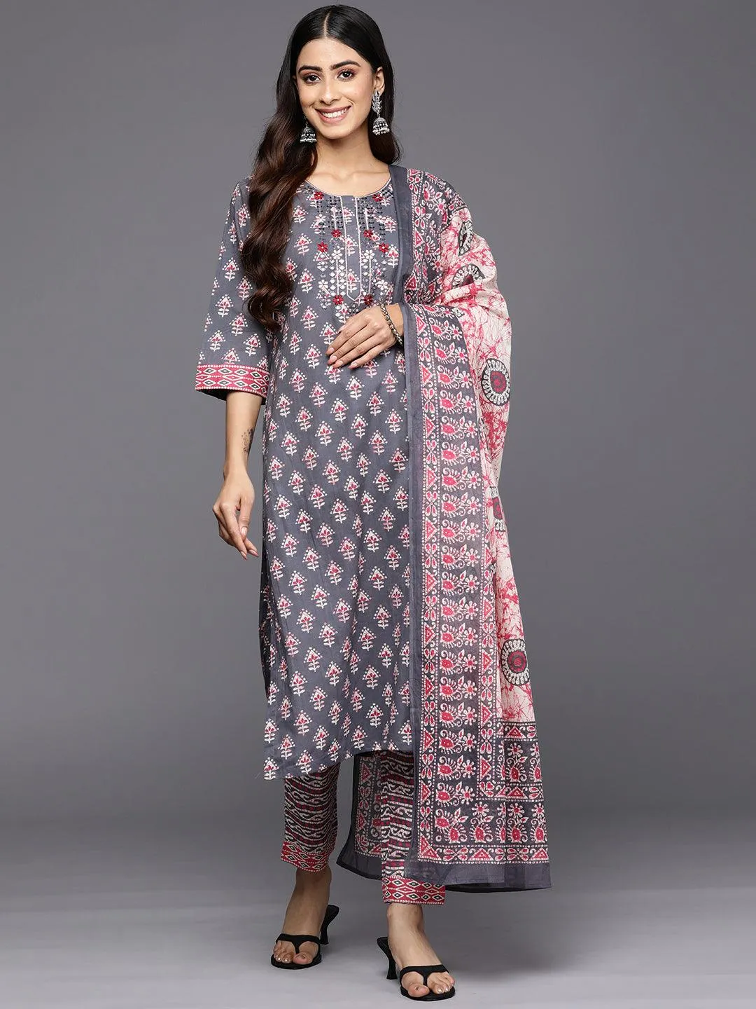 Grey Printed Cotton Straight Kurta With Trousers & Dupatta