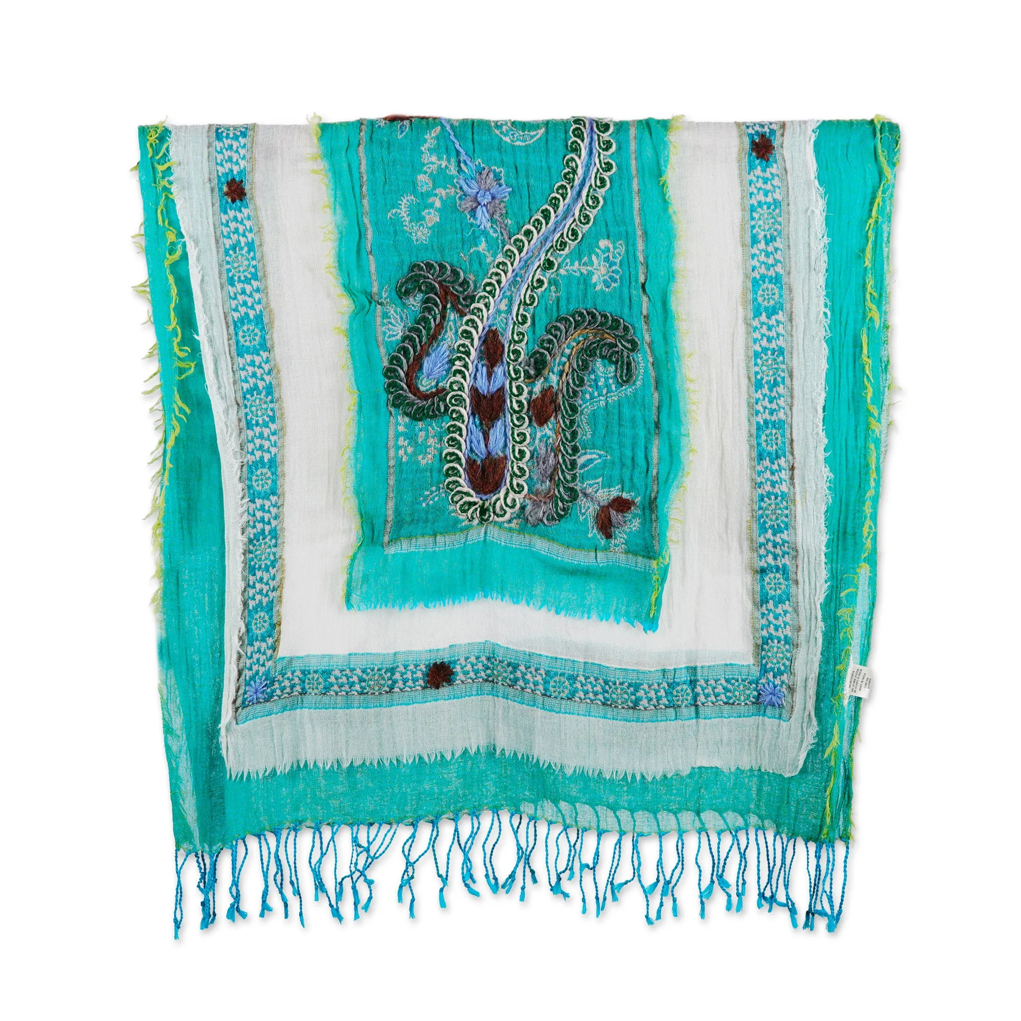 Hand-Embroidered Wool and Cotton Blend Shawl in Turquoise - Paisley Whispers | NOVICA