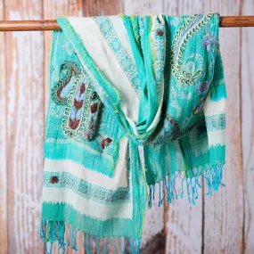 Hand-Embroidered Wool and Cotton Blend Shawl in Turquoise - Paisley Whispers | NOVICA