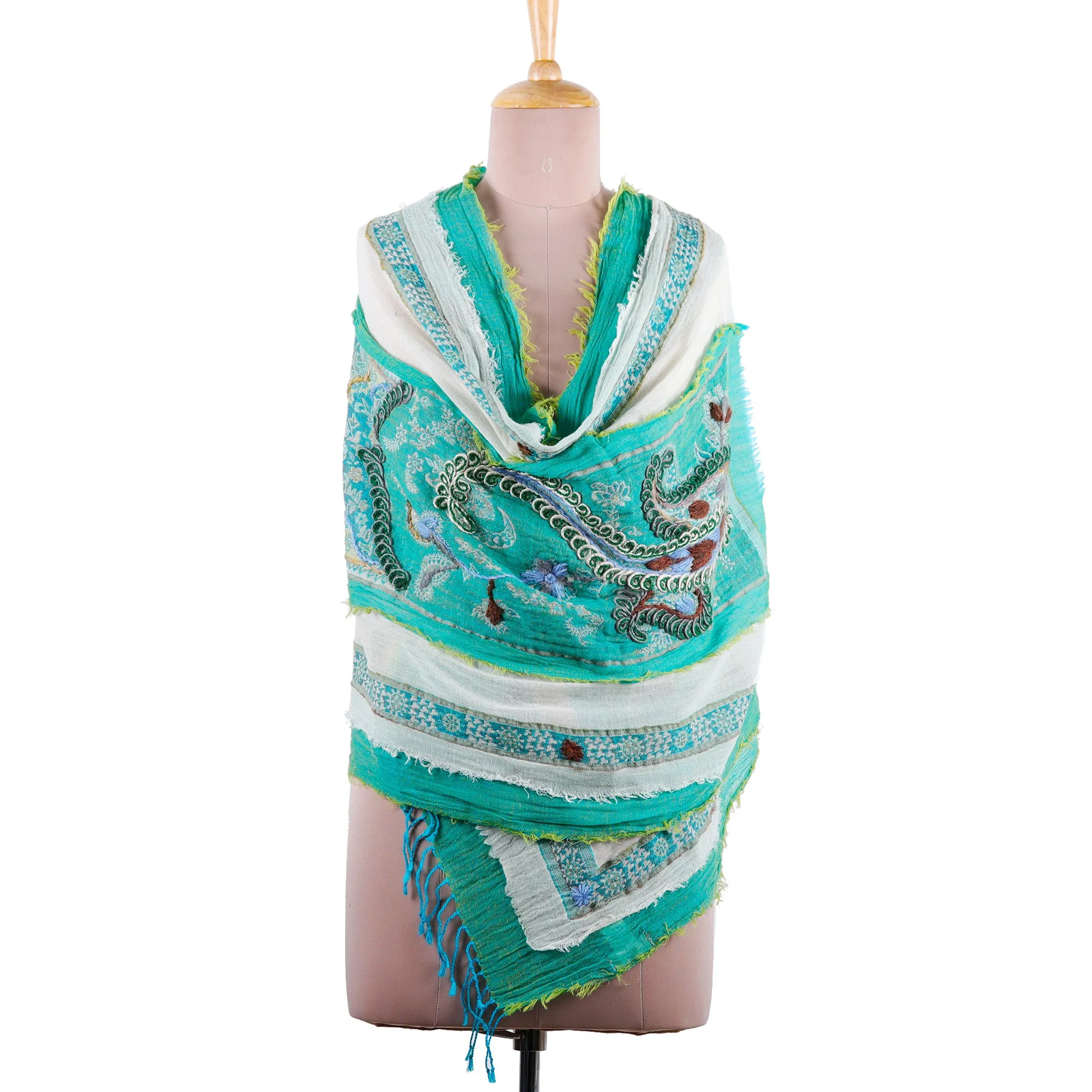 Hand-Embroidered Wool and Cotton Blend Shawl in Turquoise - Paisley Whispers | NOVICA