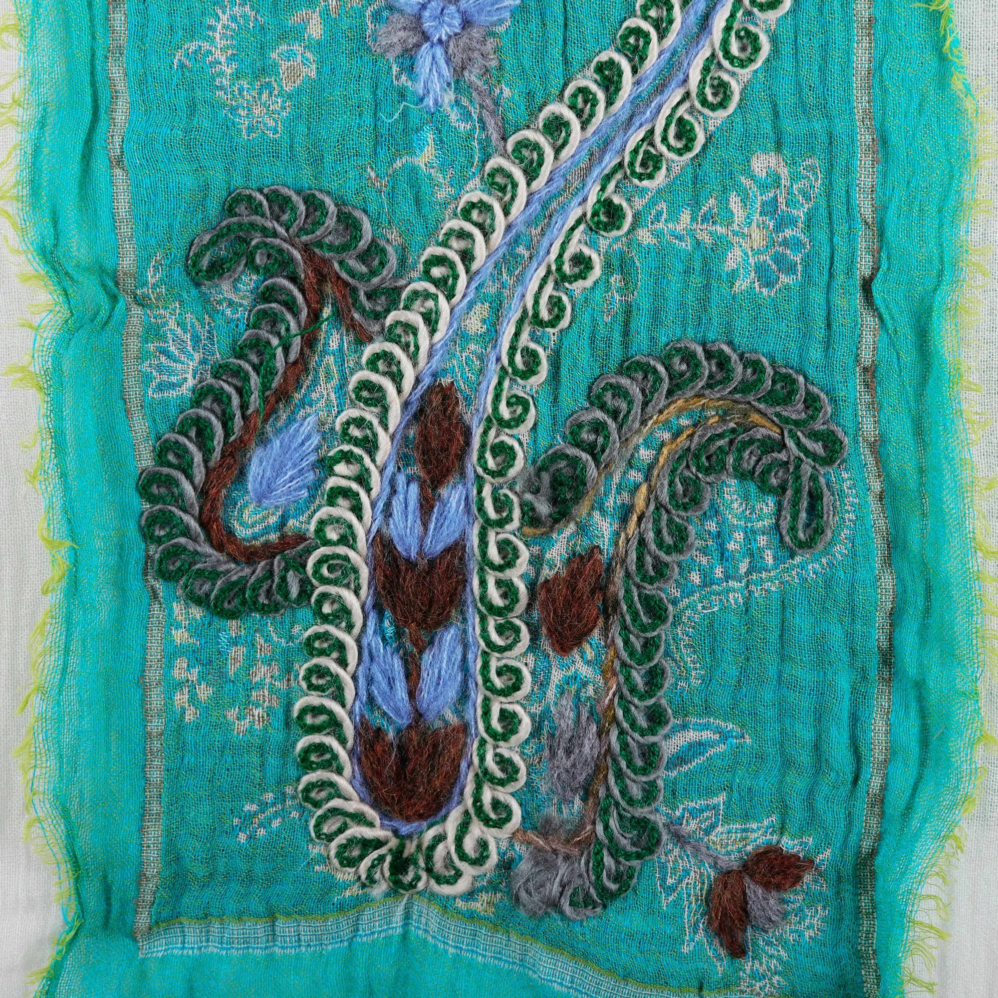 Hand-Embroidered Wool and Cotton Blend Shawl in Turquoise - Paisley Whispers | NOVICA