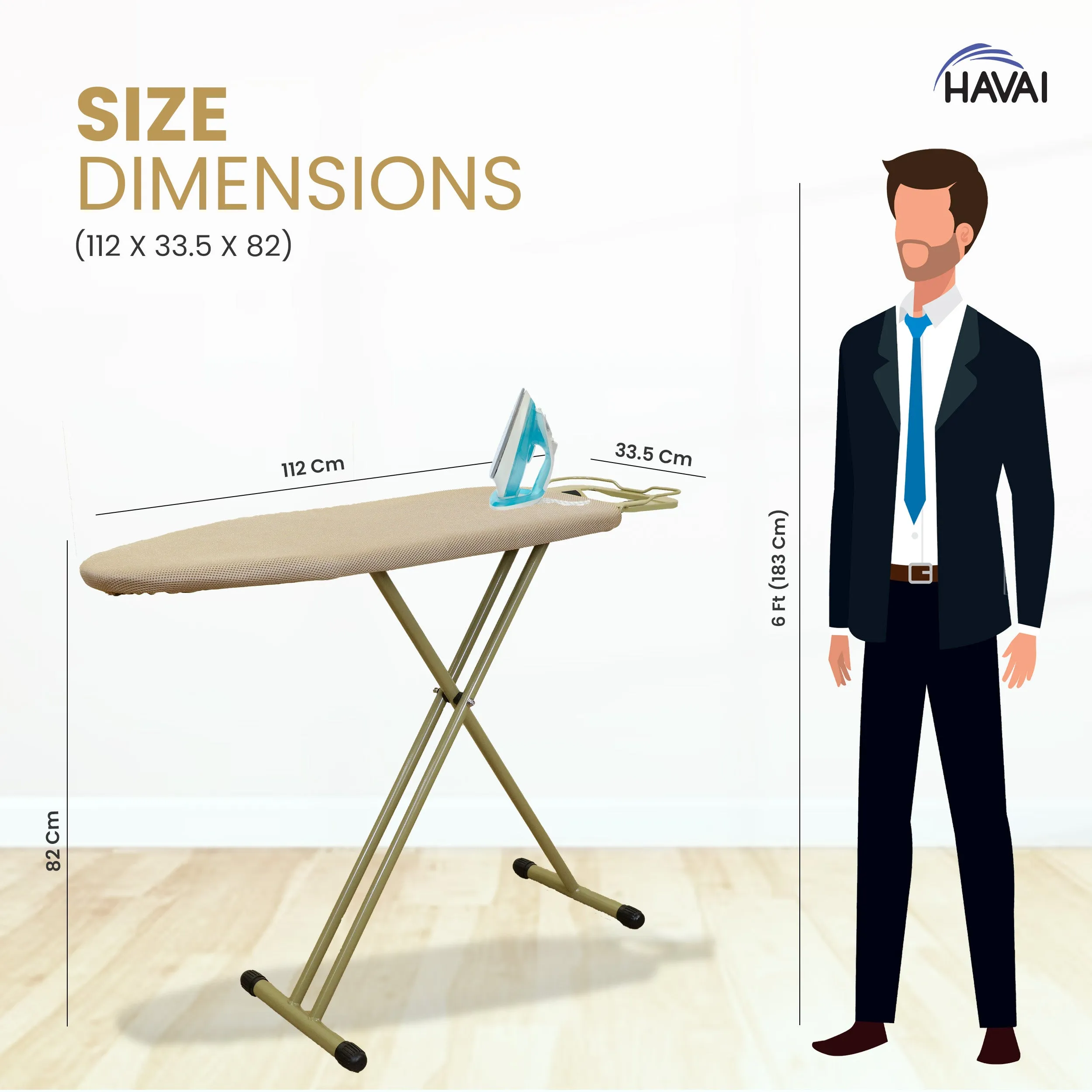 HAVAI Golden Iron Table for Ironing Clothes | 3X Padding, Surface (97 x 34cm) | Anti-Slip Feet, Heat-Resistant, Sturdy 3-Leg Design, Iron Rest with Silicon Stopper | Space-Saving Ironing Board