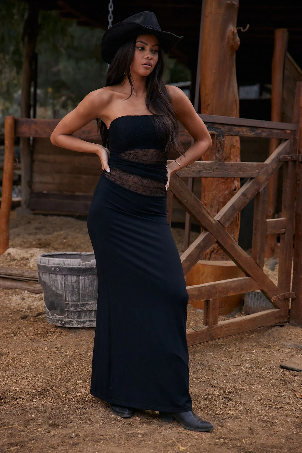 Hazel Black Lace Strapless Maxi Dress