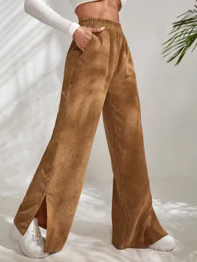 High waist corduroy slit hem trousers