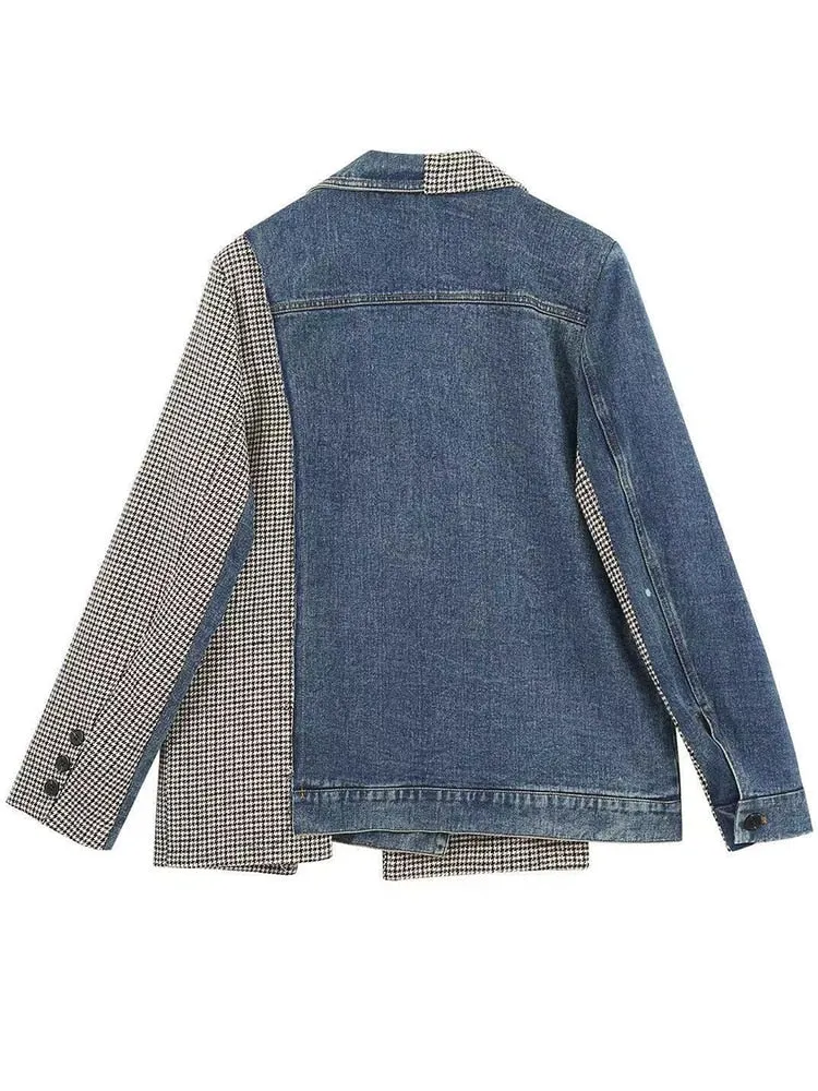 Hit Color Patchwork Denim Plaid Jackets For Women Lapel Long Sleeve Patchwork Double Breasted Casual Jacket Female